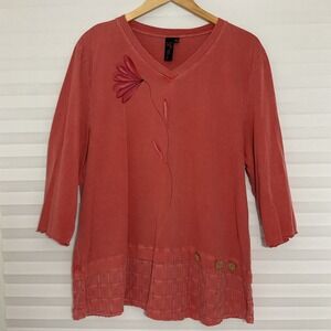 Focus Casual Life Womens XL Coral Floral V-Neck 3/4 Sleeve Tunic Top Boho Artsy
